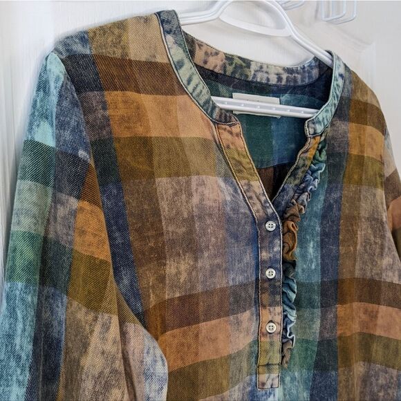 Anthropologie Isabella Sinclair Plaid Ruffle Shirt Top Medium @L1 - Picture 3 of 9